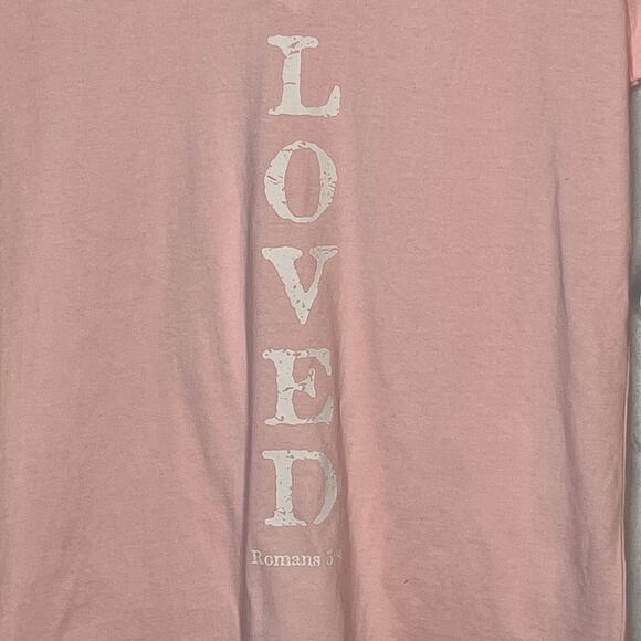 V-Neck Shirt Loved Pink Christian Inspirational Graphic T-Shirt New M - Picture 3 of 4